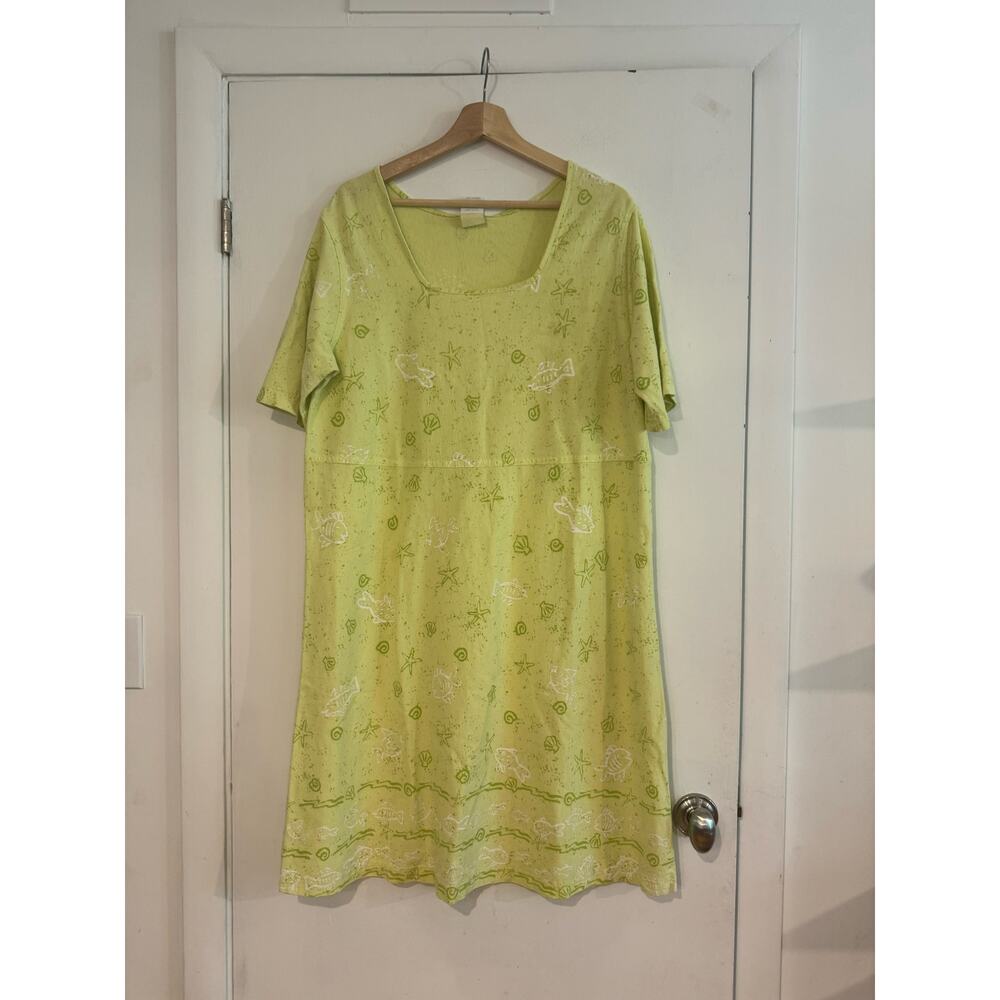 On White VINTAGE 90s knee length dress beach fish starfish shell cotton USA 1X